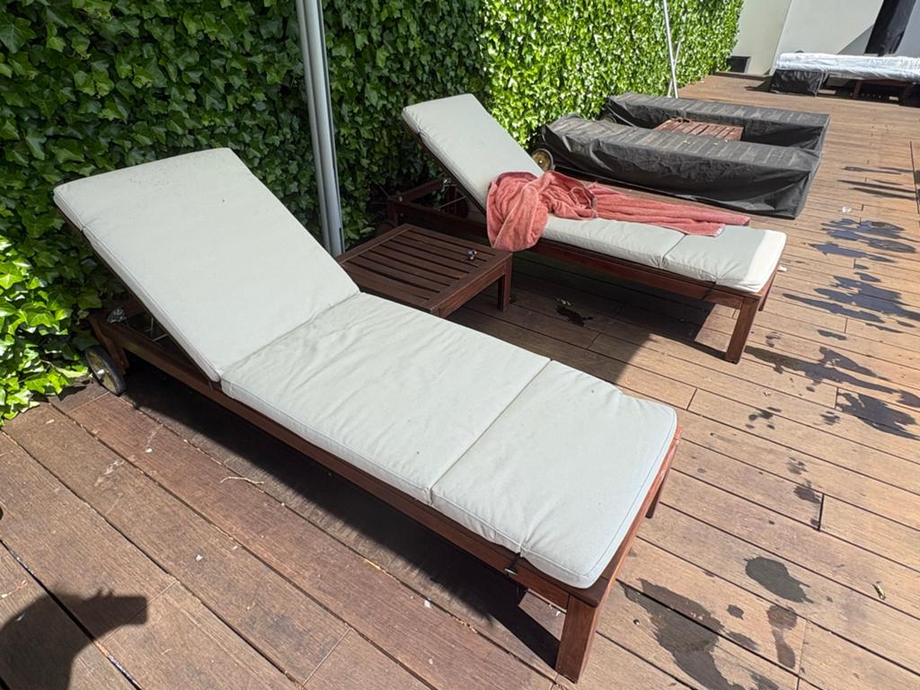 Ligbed: Ikea Applarö 2 stuks inclusief kussens en hoezen, Tuin en Terras, Ligbedden, Gebruikt, Hout, Ophalen of Verzenden
