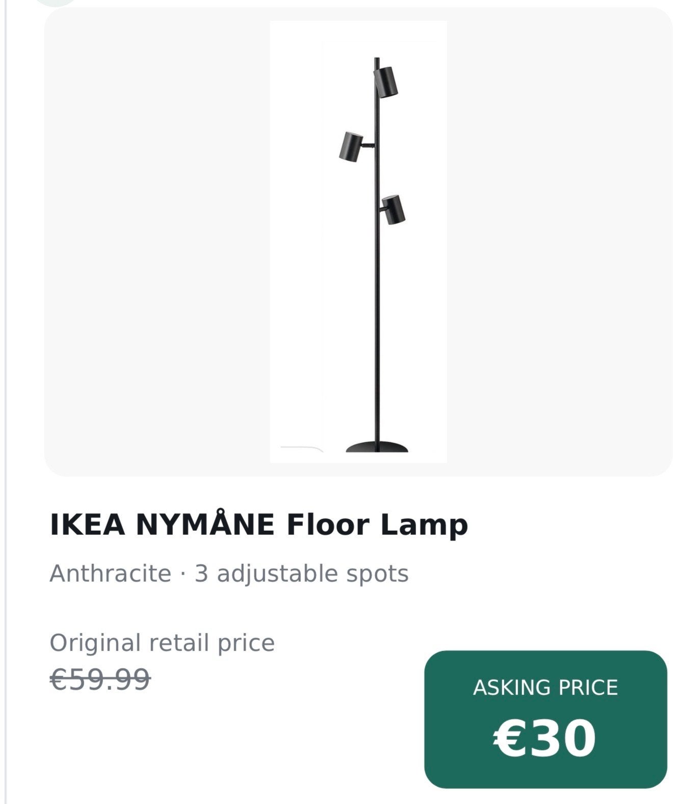 IKEA NYMÅNE Vloerlamp - Antraciet met 3 verstelbare spots, Overige fittingen, Ophalen of Verzenden, Zo goed als nieuw, Metaal