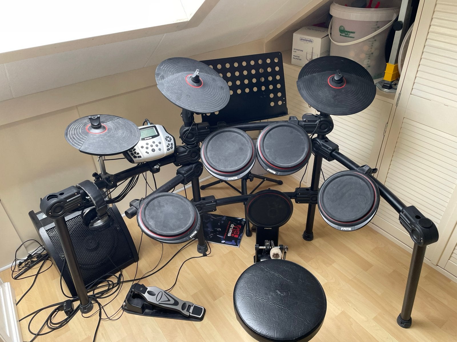Fame elektrisch drumstel met versterker en kruk, Ophalen, Gebruikt, Overige merken