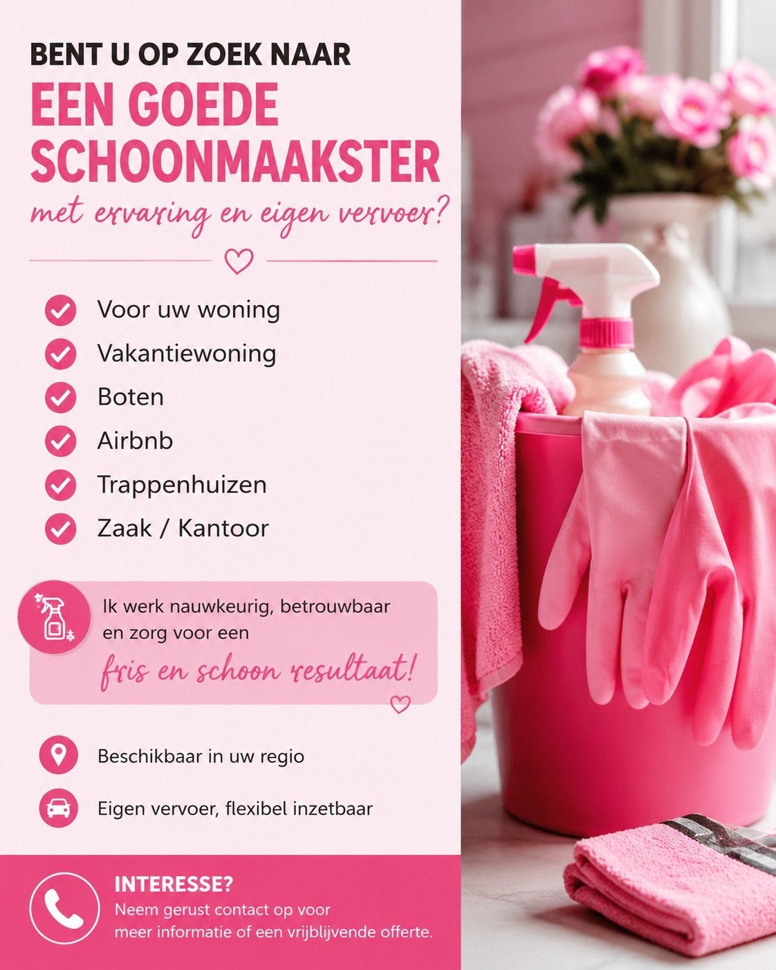 Betrouwbare schoonmaakster met 14 jaar ervaring, Overige uren, HBO, Vanaf 10 jaar, Freelance of Uitzendbasis