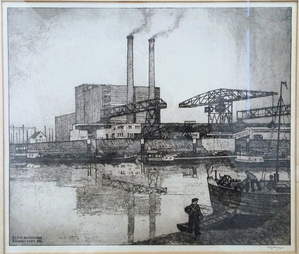 Jaar 1955 Grote Ets Grafiek Elektriciteits Centrale Buggenum, Gesigneerd, 57 cm, Dagelijks leven, 1950 - 1999