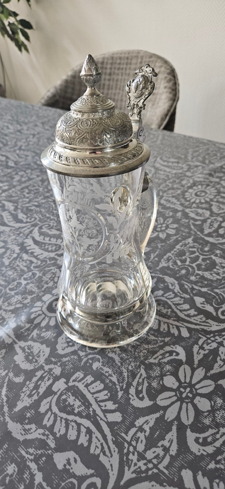 Antieke glazen bierpul met tinnen deksel, Antiek en Kunst, Ophalen of Verzenden