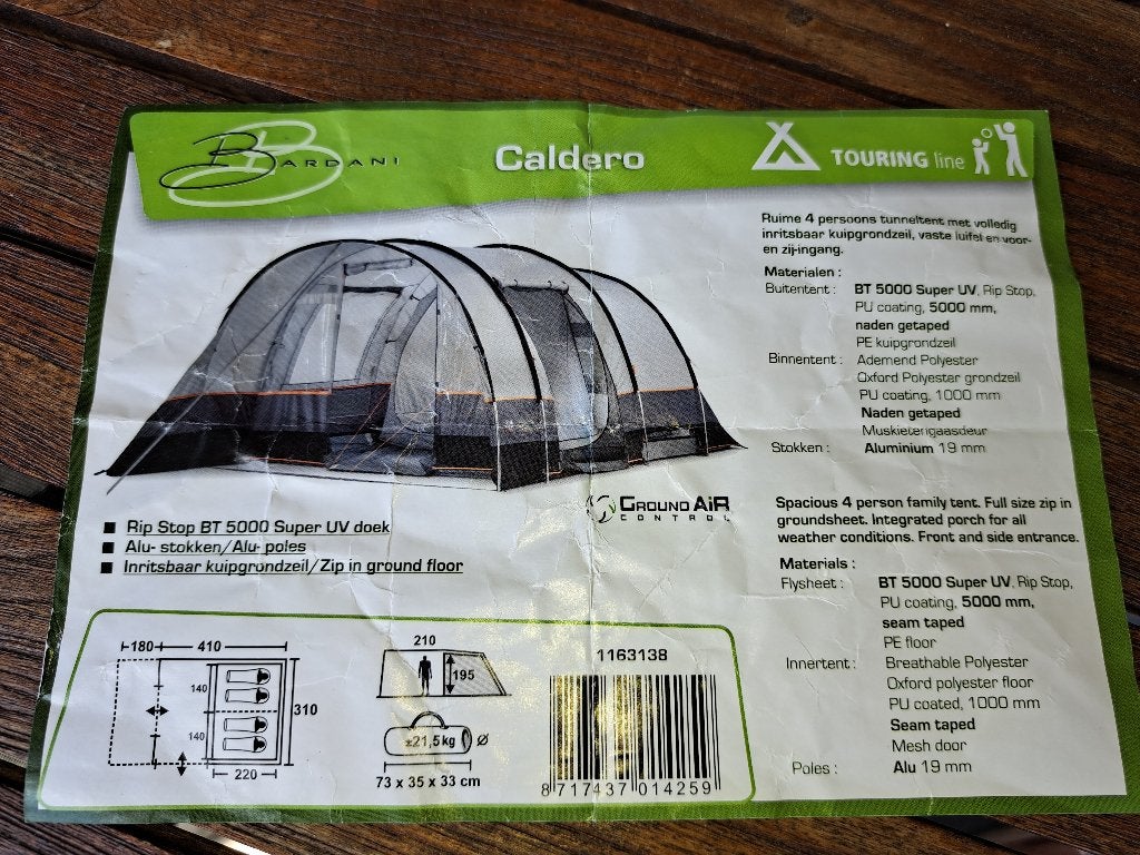 Bardani, mooie 4 persoons tent type Caldero, Ophalen, Zo goed als nieuw, Tot en met 4