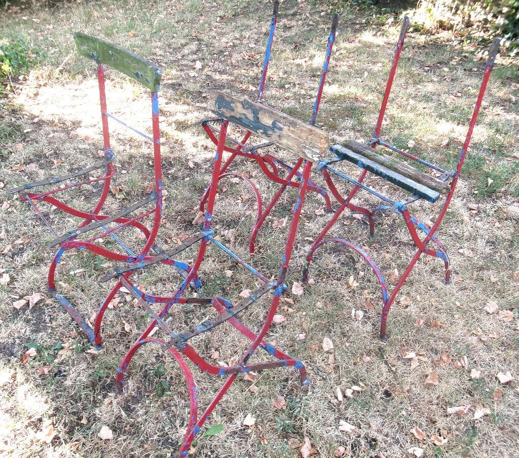 Vier antieke Zweedse tuinstoelen, Ophalen, Gebruikt, Metaal, Inklapbaar