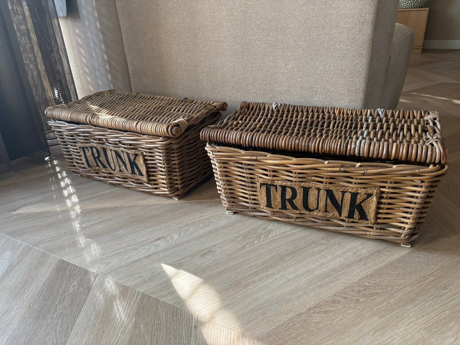 Twee rieten manden, Huis en Inrichting, Woonaccessoires | Kisten, Ophalen, Gebruikt, 50 tot 100 cm, 50 tot 75 cm