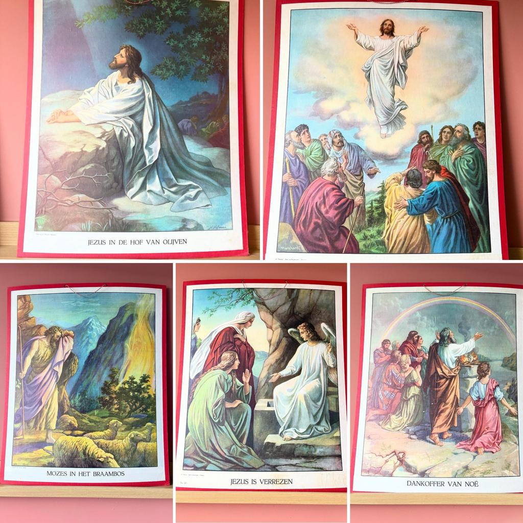 5 Bijbelse schoolplaten - Vintage religieuze kunst, Ophalen, Overige thema's