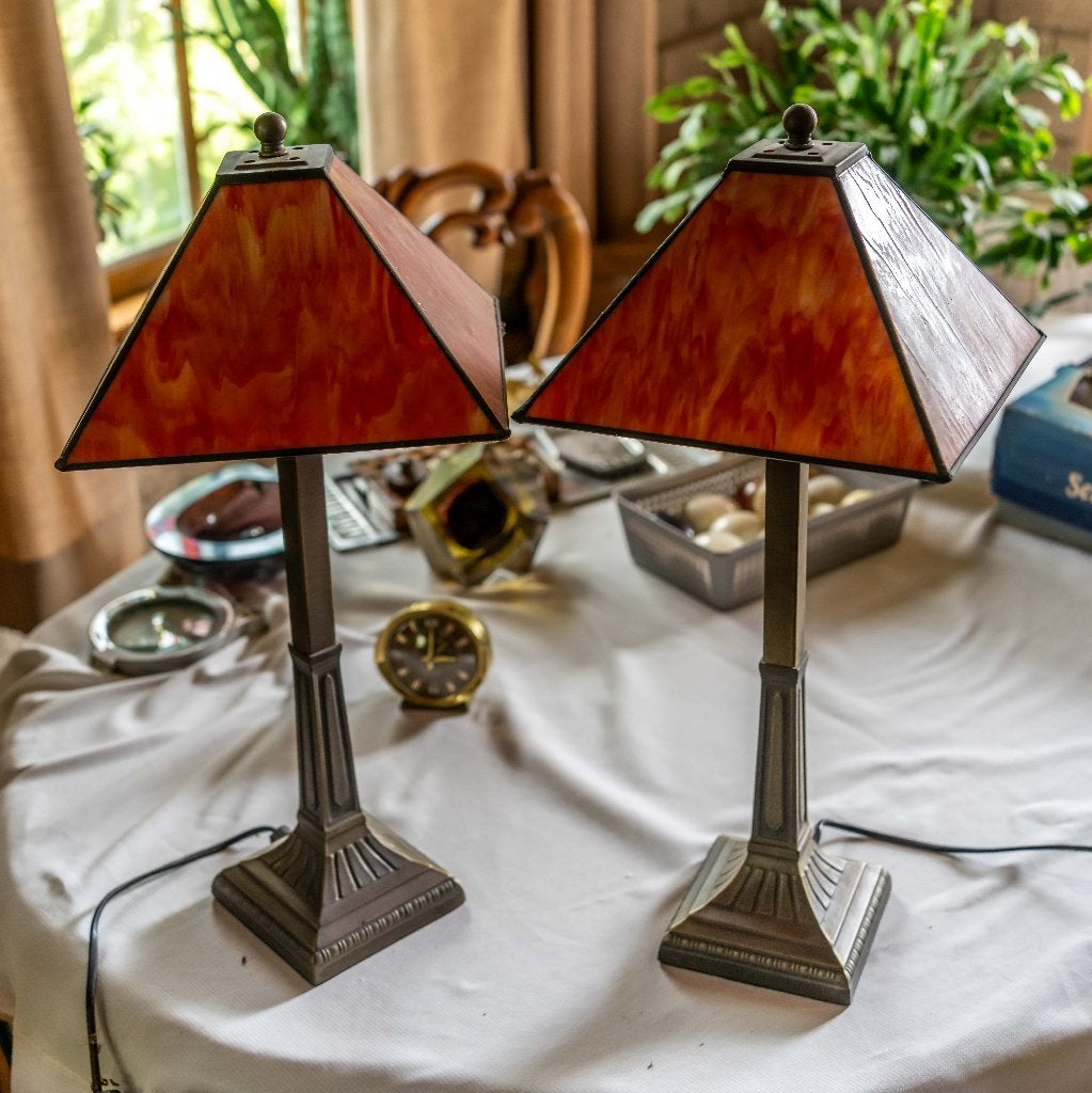 Twee Fusco vintage schemerlampen, Tiffany stijl, marmerglas, Huis en Inrichting, Ophalen, Gebruikt, Tiffany lamp, Vintage