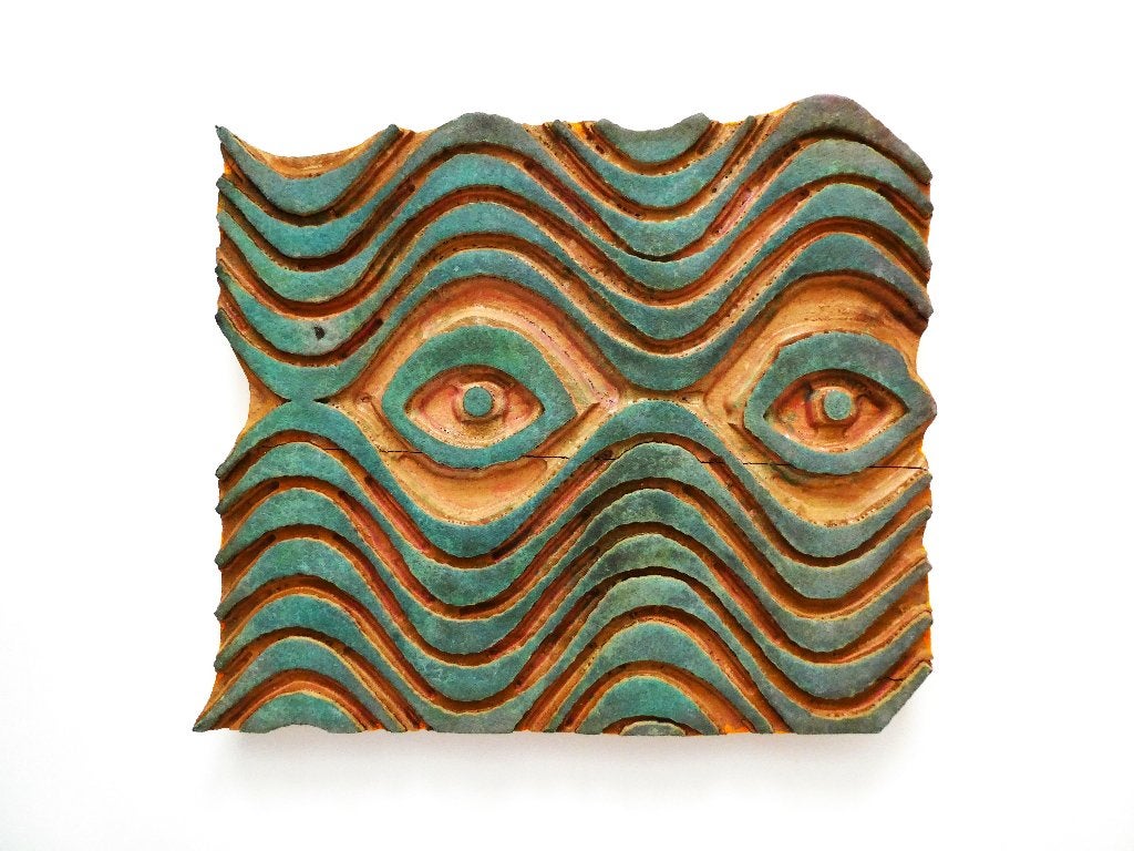 Authentieke handgesneden houten batik drukblok XL met ogen, Antiek en Kunst, Hout, 40 cm, Gesneden, Blauw