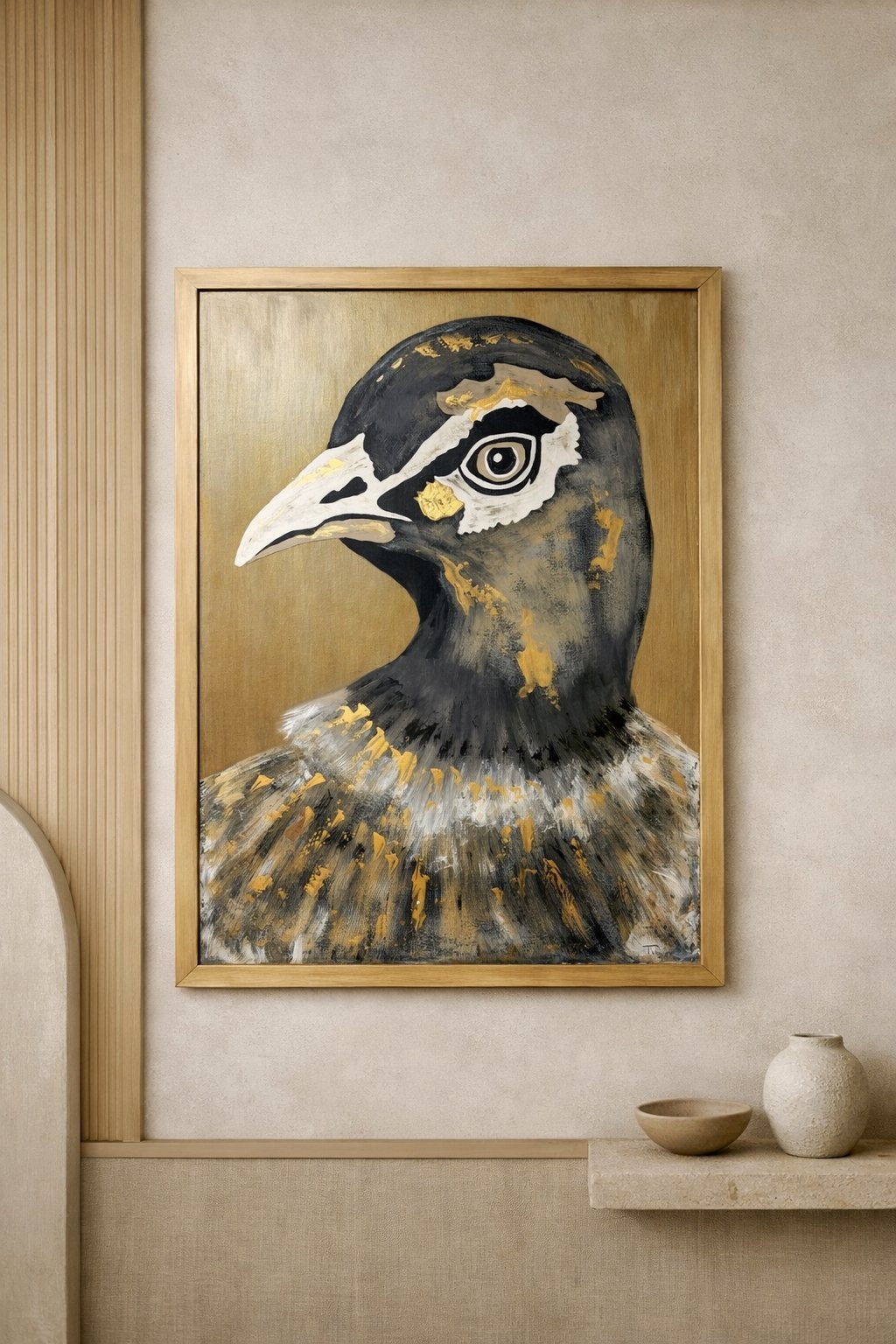 Schilderij paneel groot xxl goud kunst vogel taupe decoratie, Ophalen