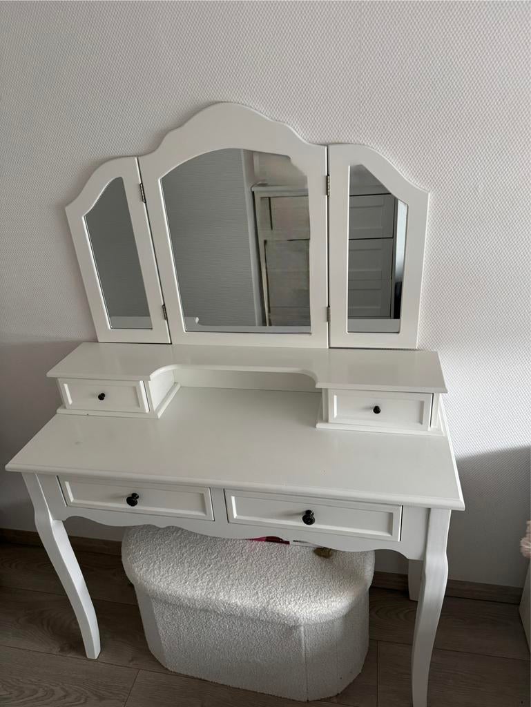 Witte kaptafel met spiegel en lades, 100 tot 150 cm, Zo goed als nieuw, Hout, 50 tot 100 cm