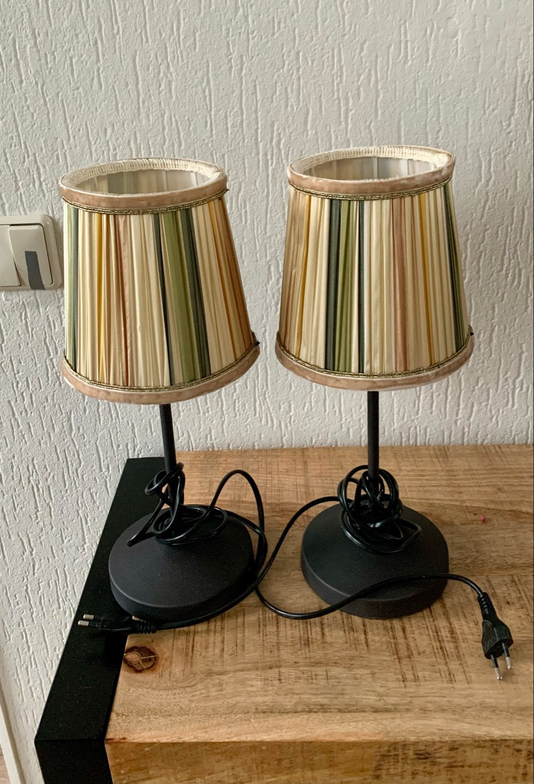 Set van 2 tafellampen met gestreepte kapjes en touch bedieni, Gebruikt, Meerkleurig, Ophalen of Verzenden, Met kap