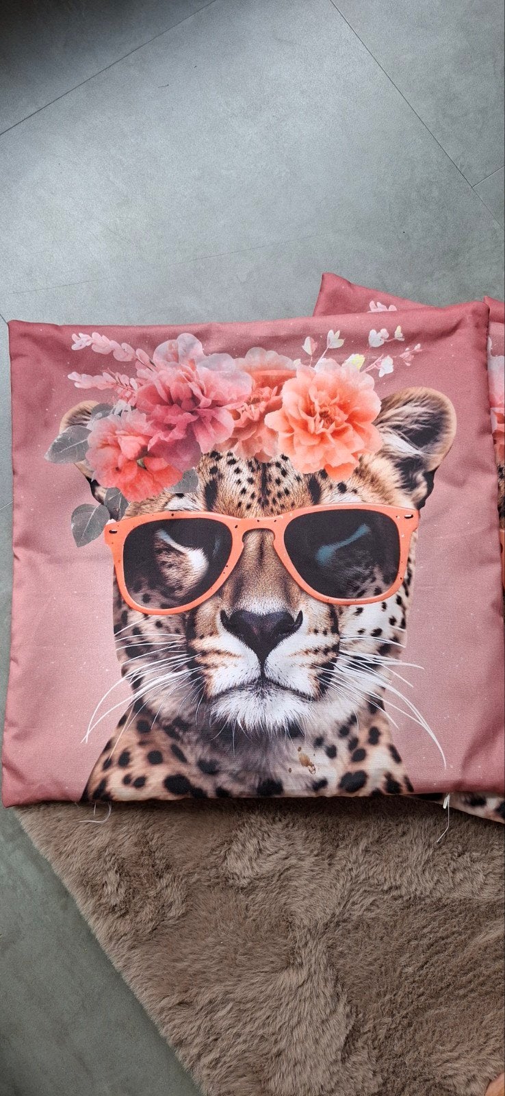 3 Kussenhoezen 45x45 cm - Tijger met bril en bloemen, Overige merken, Meerkleurig, Met print, Ophalen of Verzenden