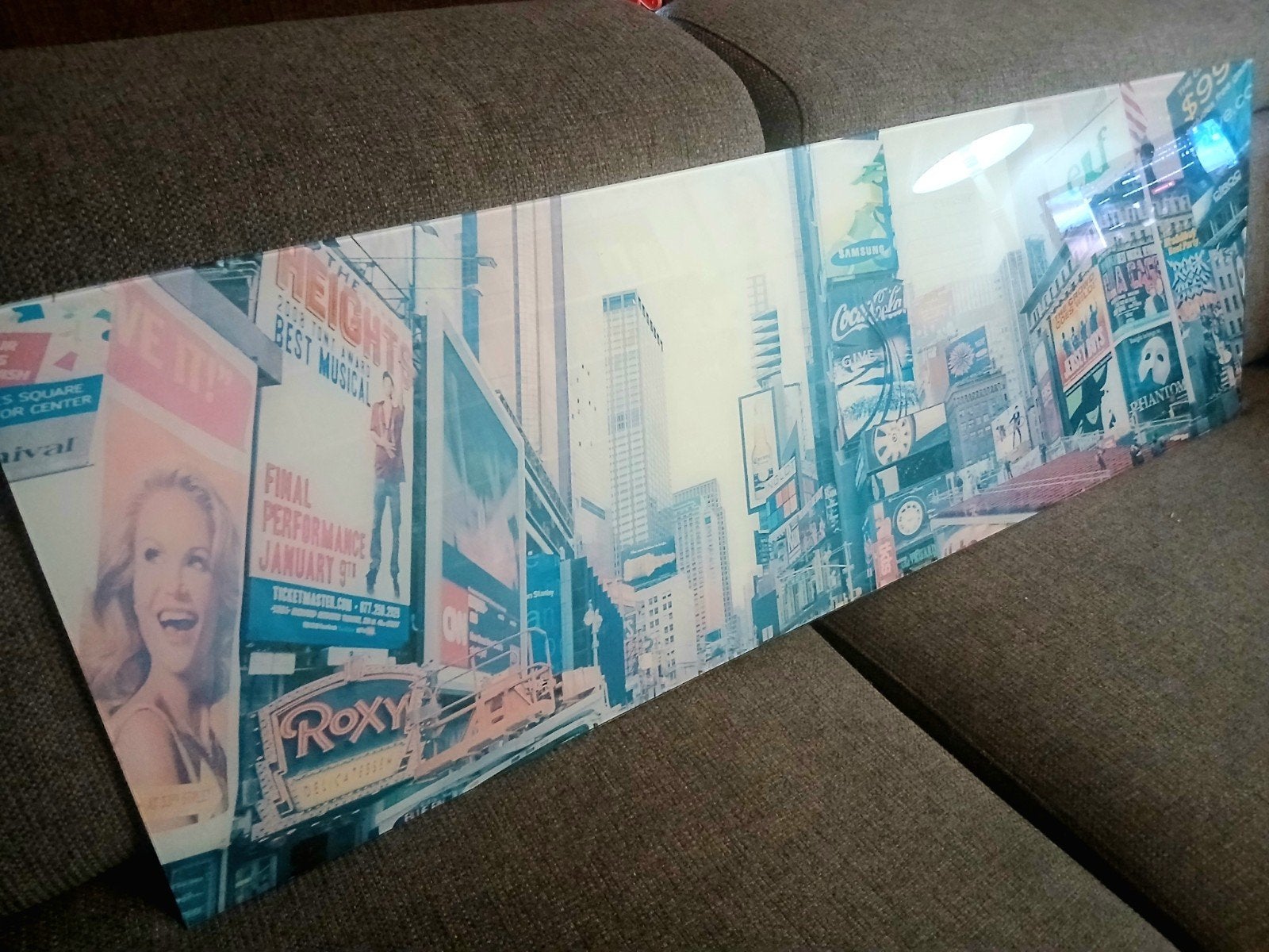 Glazen wanddecoratie New York Times Square 120x40cm, Huis en Inrichting, Ophalen, Gebruikt, 100 tot 125 cm, Foto of Poster