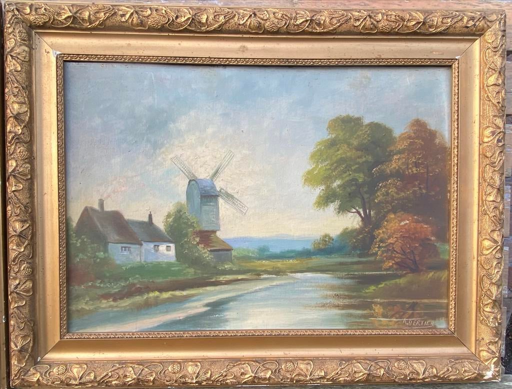 Twee Oude Schilderijen: Molen en Boerderij aan het Water, Antiek en Kunst, Kunst | Schilderijen | Klassiek, Ophalen of Verzenden