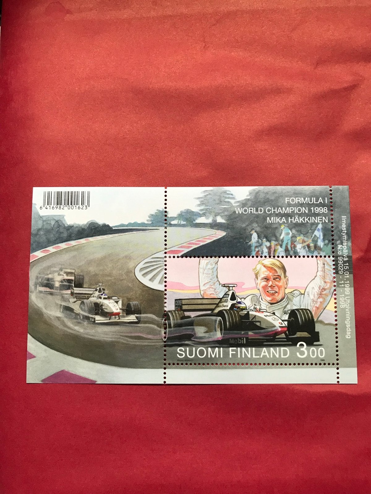 Formule 1 Postzegel Mika Häkkinen Wereldkampioen 1998, Verzamelen, Automerken, Motoren en Formule 1, Ophalen of Verzenden, Nieuw
