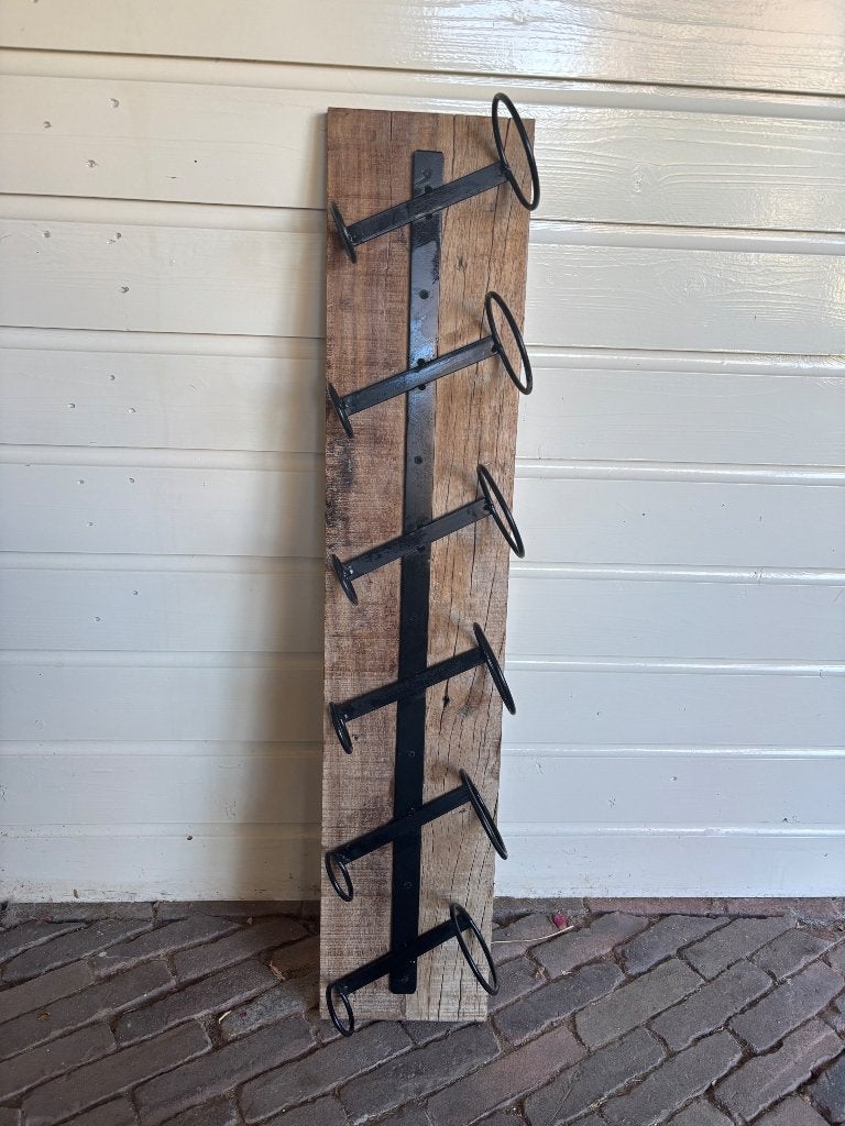 Wijnrek van hout en metaal voor 6 flessen, Ophalen, Gebruikt, 5 tot 15 flessen, 75 – 100