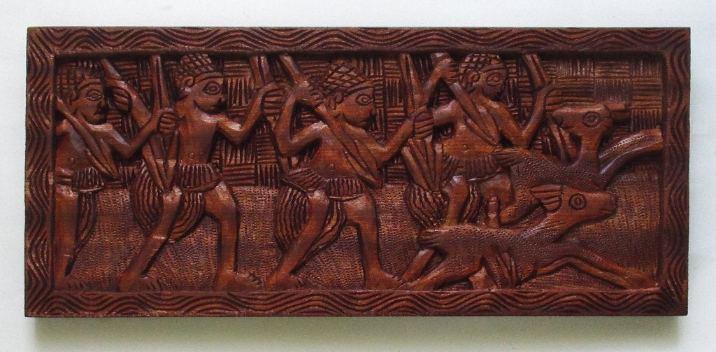 Vintage Afrikaanse wanddecoratie houtsnijwerk in zwaarpaneel, Antiek en Kunst, Ophalen of Verzenden