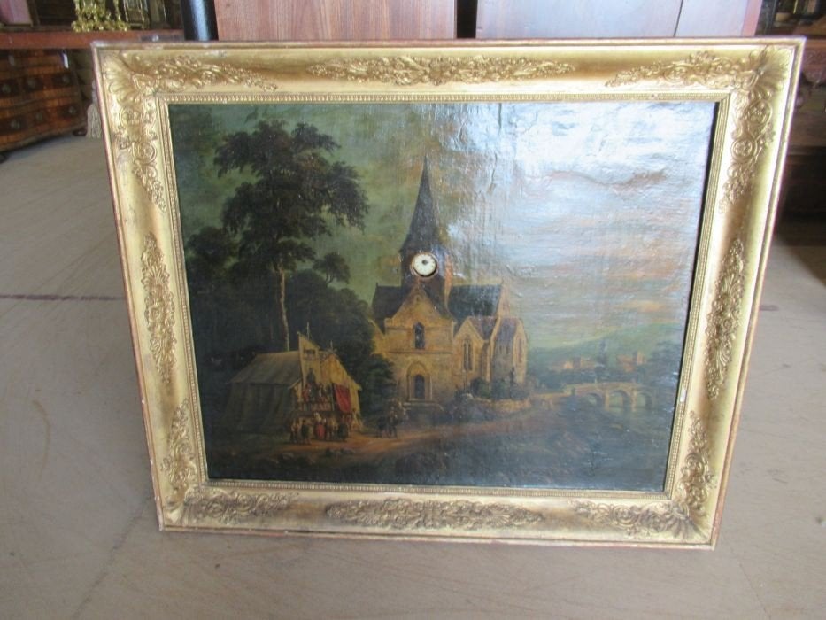Oer 10927 ANTIEKE grote schilderij klok met muziek doosje, Ophalen