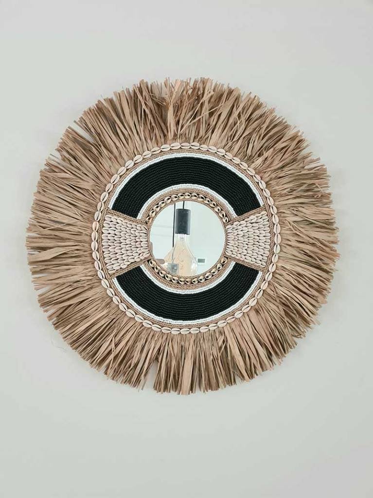 Raffia wandspiegel rond zwart maat M uit Bali, Minder dan 50 cm, Rond, Ophalen of Verzenden, Minder dan 100 cm