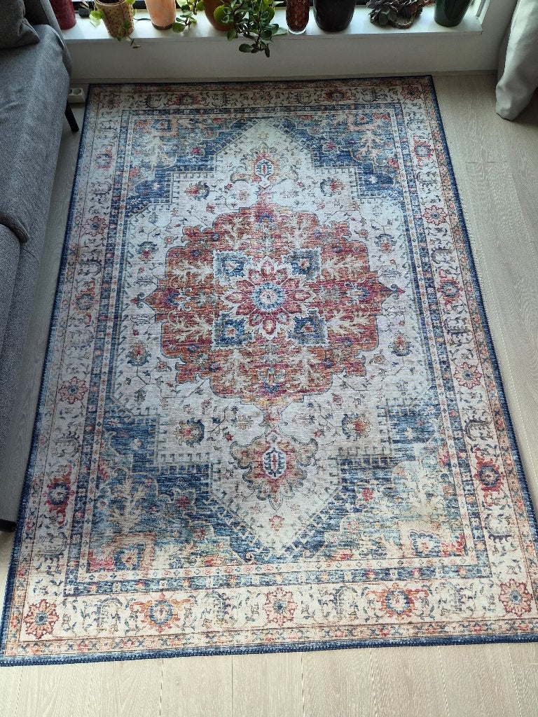 Vloerkleed - blauw met rood/roze - 230 x 160 cm