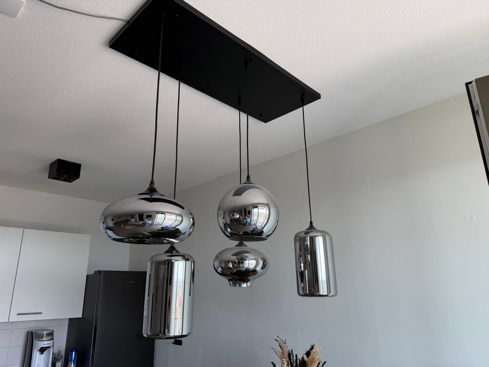 Set van 2 Oazahome hanglampen: 5-lichts eettafel & 3-lichts, Huis en Inrichting, Lampen | Hanglampen, Zo goed als nieuw, Glas