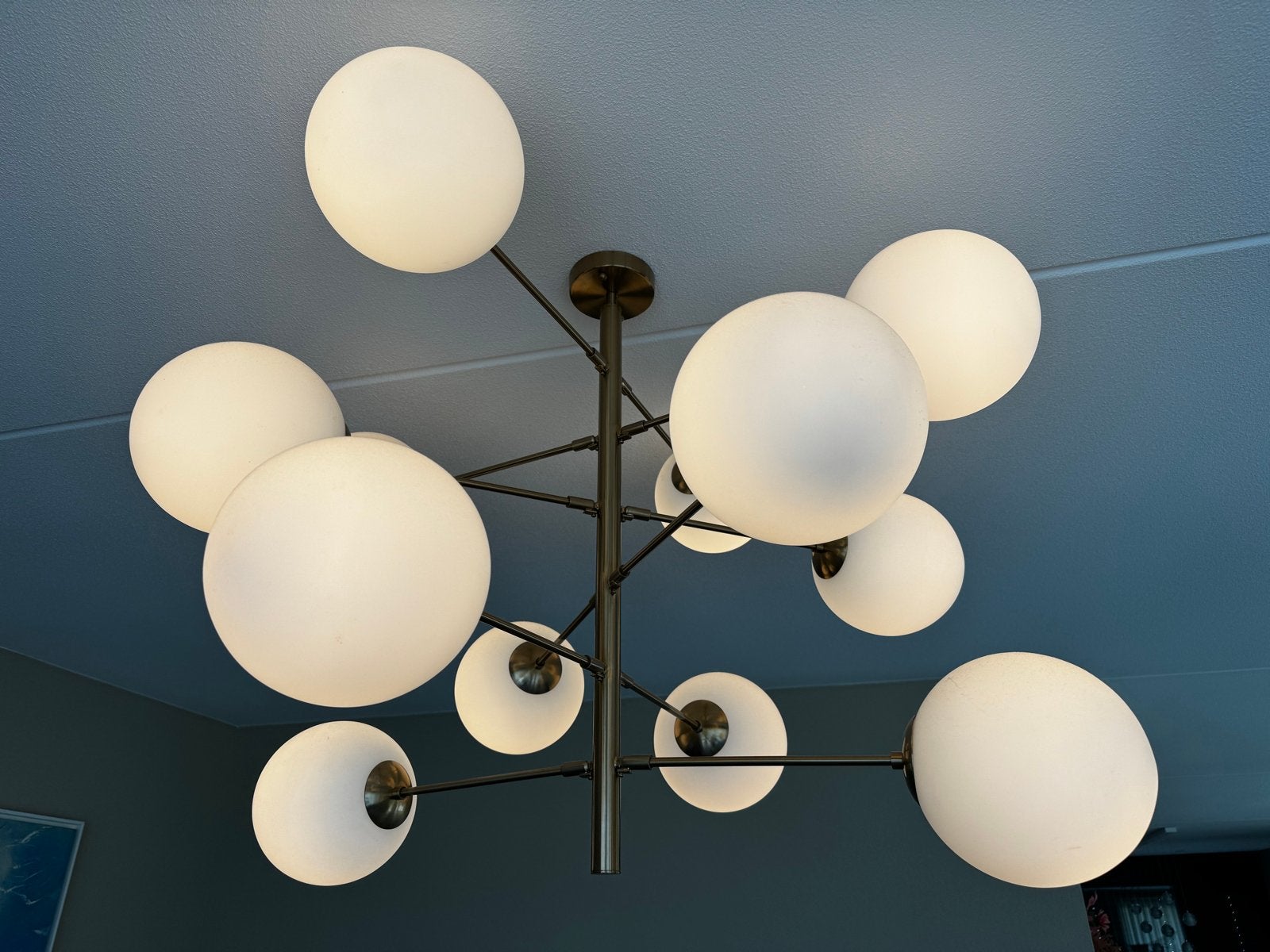 Modern design plafondlamp (12 glazen bollen), Ophalen, Zo goed als nieuw, Glas, E14 (klein)