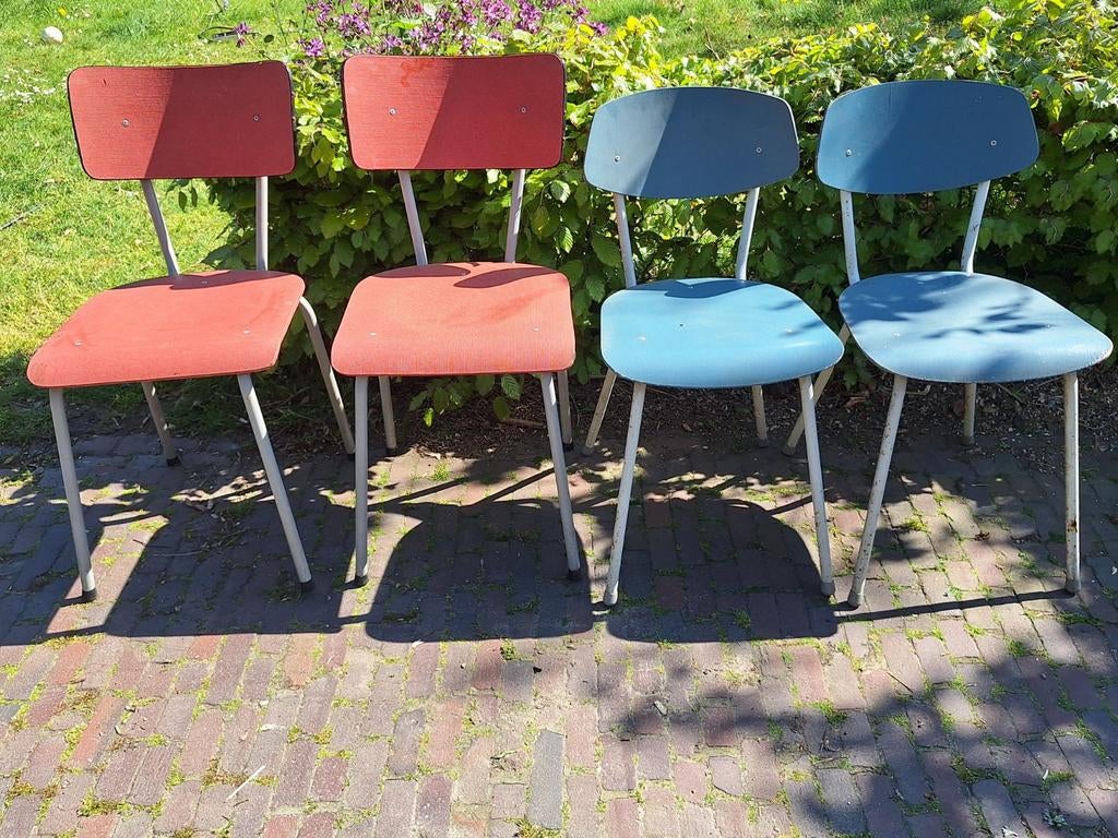 Set van 4 vintage Dico stoelen (rood en blauw), Ophalen