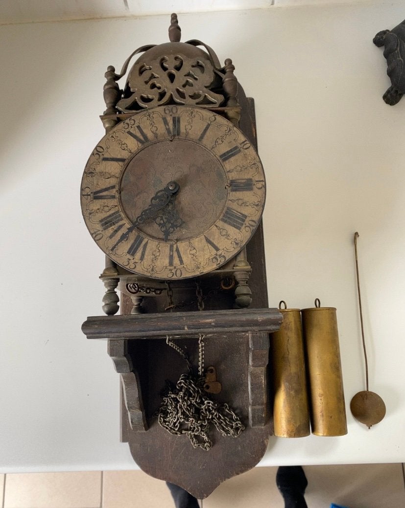 Antieke Engelse lantaarnklok met Gravures, Ophalen