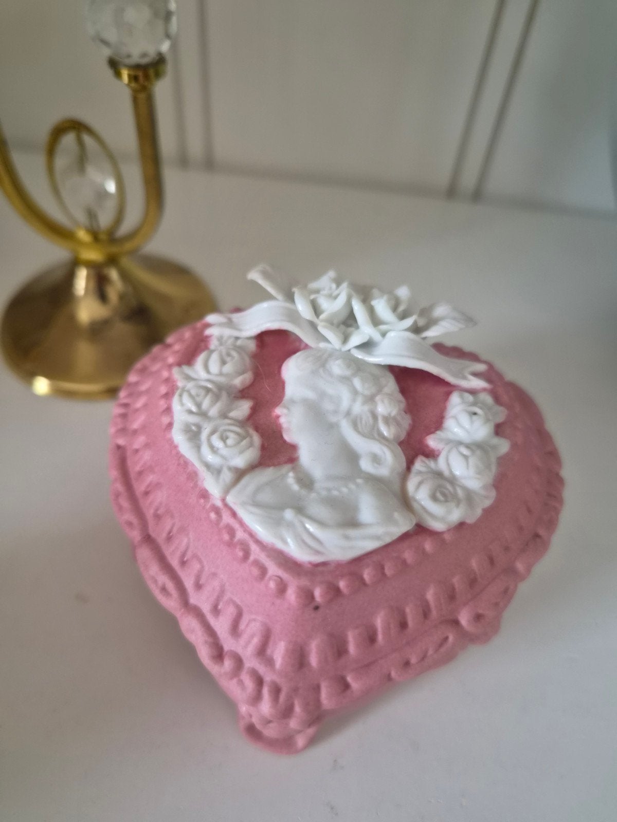 Roze keramieken hart sieraden doosje met camee decoratie, Ophalen of Verzenden