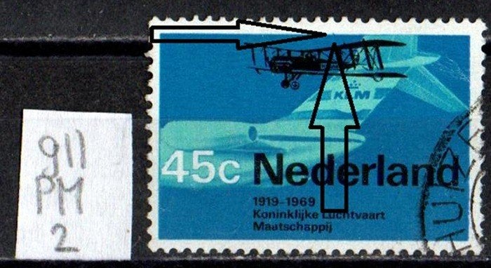 Nederland Plaatfout nr. 911PM2 Luchtvaart gestempeld, Ophalen of Verzenden