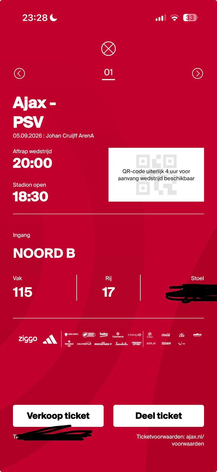 Ajax-psv 1 ticket van 115 rij 17, Eén persoon
