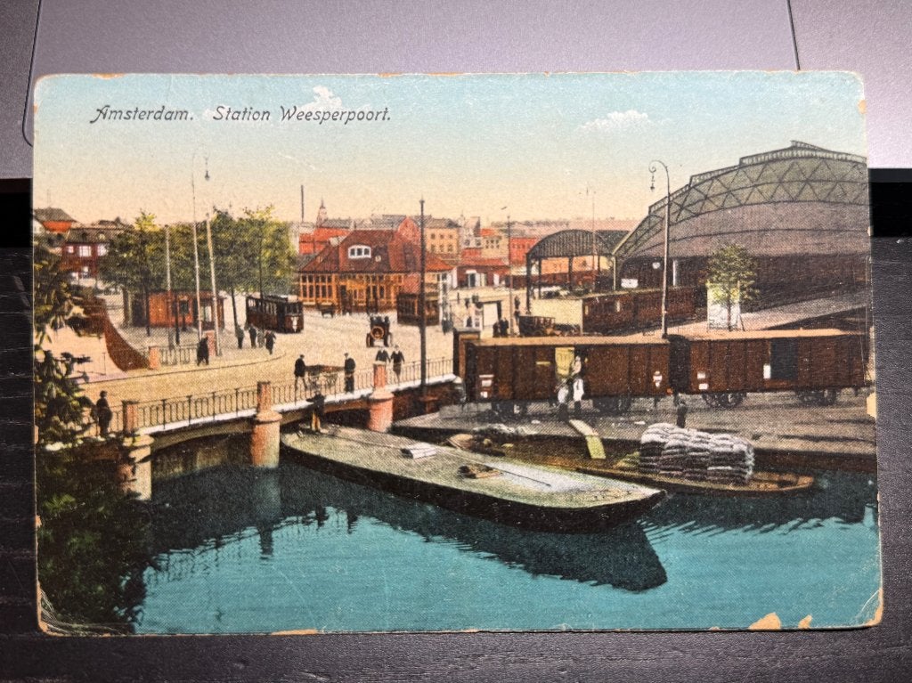 Ansichtkaart Amsterdam Station Weesperpoort (ca. 14x9 cm), Ophalen of Verzenden, Voor 1920, Gelopen, Noord-Holland
