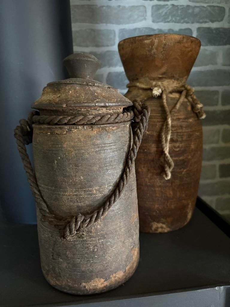 Landelijk ~Nepalese houten kruiken ~ Stoer en Sober, Ophalen, Zo goed als nieuw, Hout, Landelijk