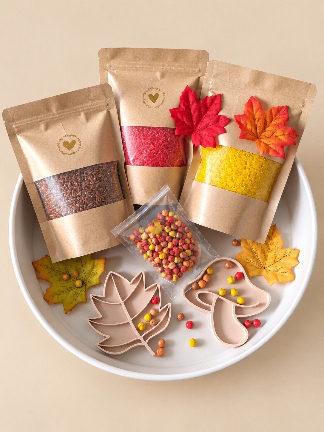 Sensorische Speelset Herfst - Rijst, Kikkererwten & Vormen, Kinderen en Baby's, Verzenden, Zo goed als nieuw, Knutselen