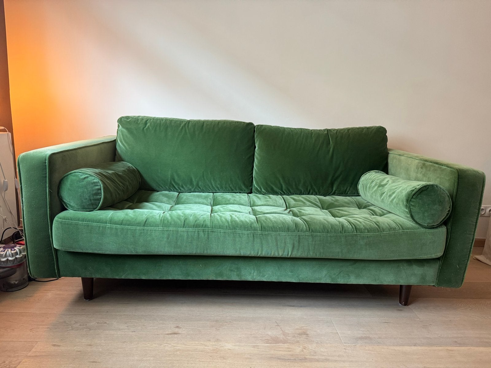 Groene fluwelen bank - 2,5 zits, Ophalen, Gebruikt, 150 tot 200 cm, Driepersoons