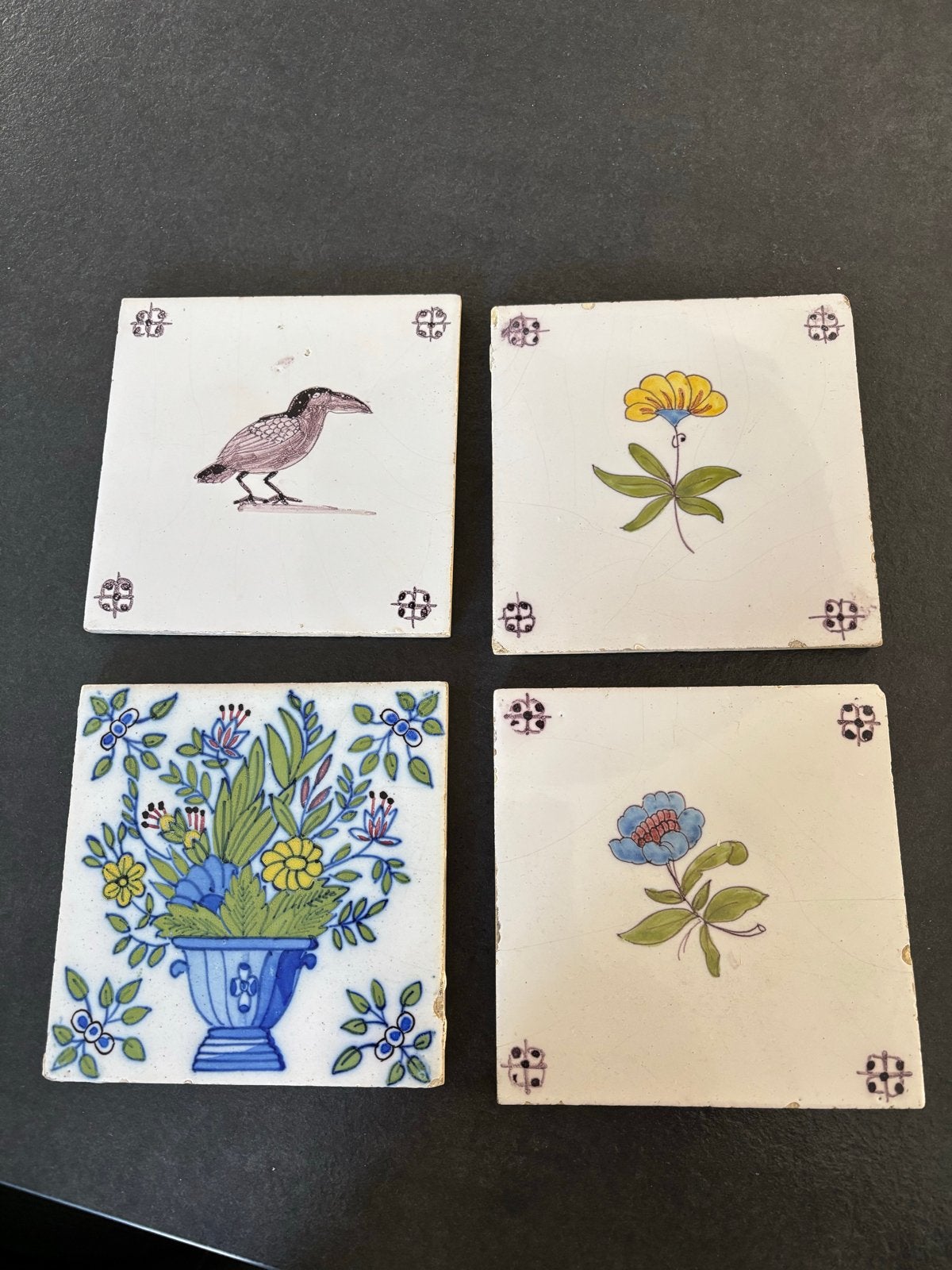 Set van 4 Antieke Handgeschilderde Tegels, Ophalen
