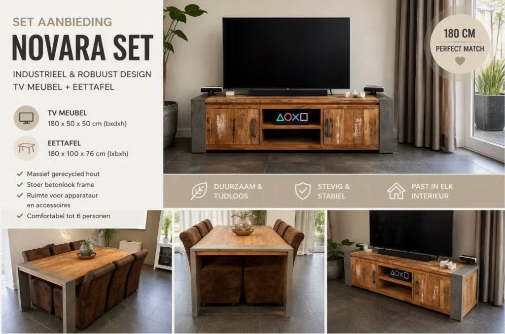 SET Eettafel + TV-meubel | Teakhout & Betonlook, Huis en Inrichting, Tafels | Eettafels, Ophalen, Zo goed als nieuw, Rechthoekig