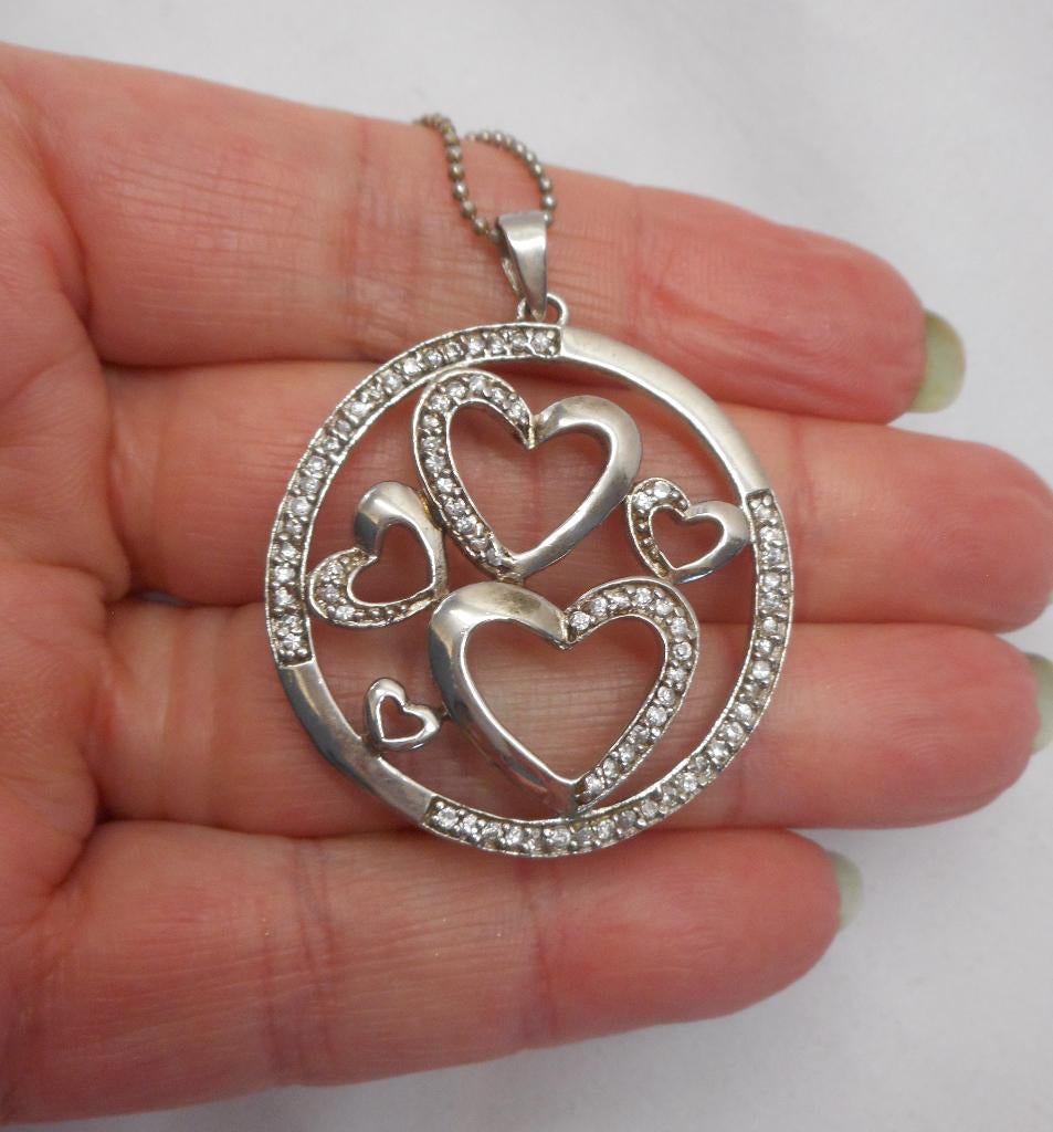Zilveren ketting met grote hanger met harten nr.1777, Met hanger, Verzenden, Zo goed als nieuw, Zilver