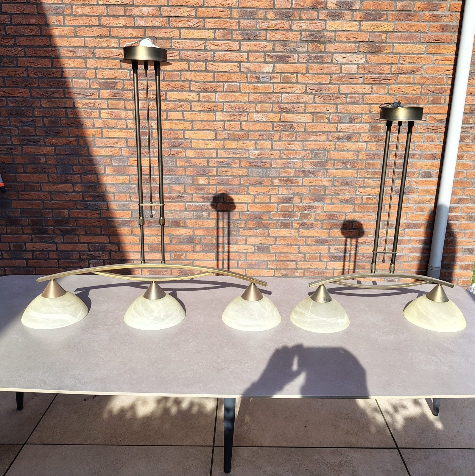 Hanglamp met 3 of 5 glazen kappen - Bronskleurig, Ophalen, Zo goed als nieuw, Glas, Modern klassiek