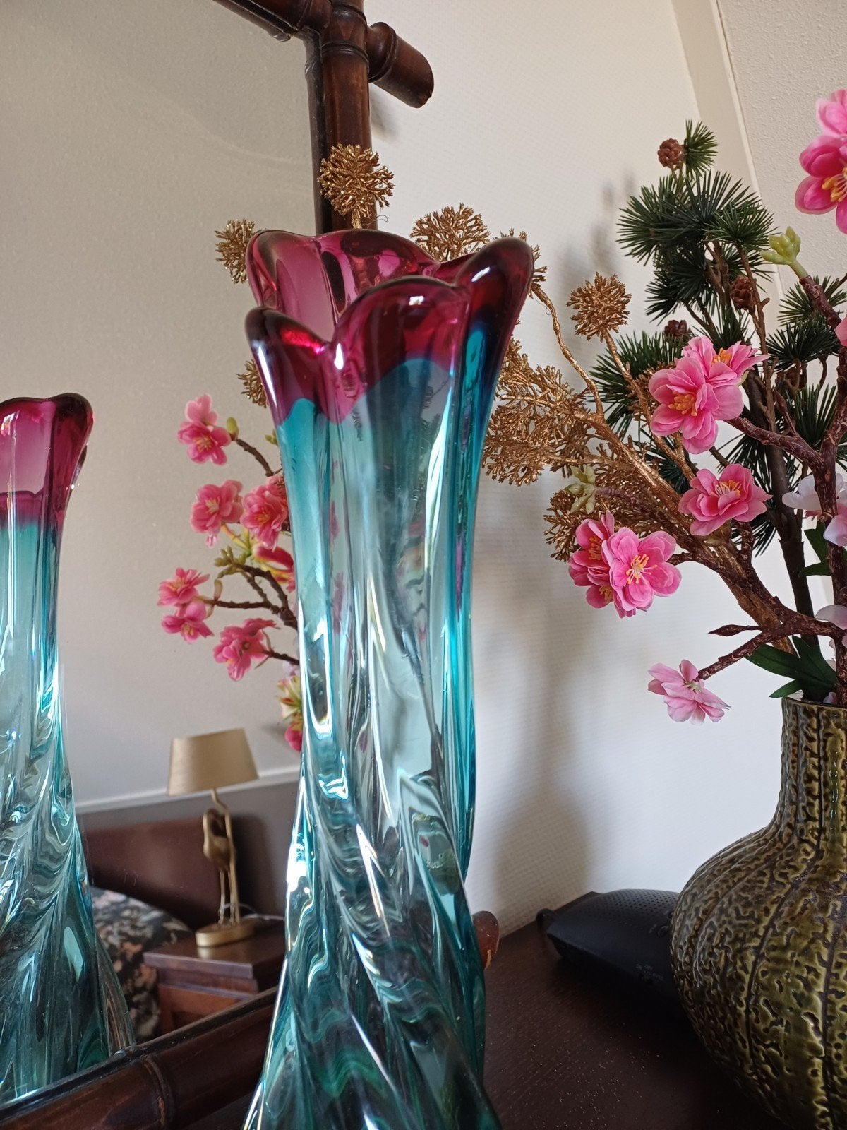 Prachtige Murano Glas Vaas - Turquoise & Roze, Ophalen of Verzenden