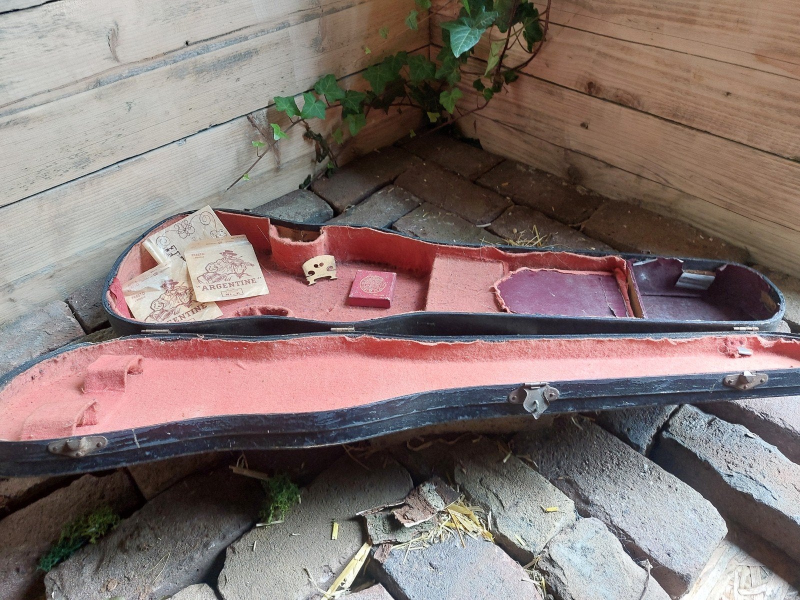 Vintage vioolkoffer van hout met accessoires, Ophalen of Verzenden, Gebruikt