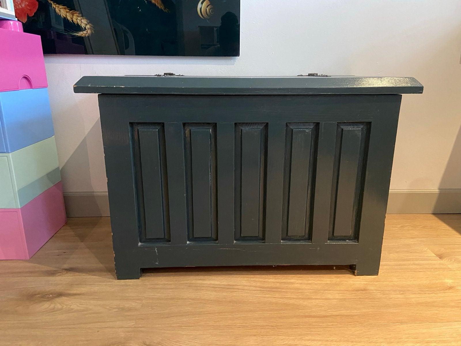 Stevige blauwe houten kist (41x75x49 cm), Ophalen, Gebruikt, Minder dan 50 cm, 75 tot 100 cm