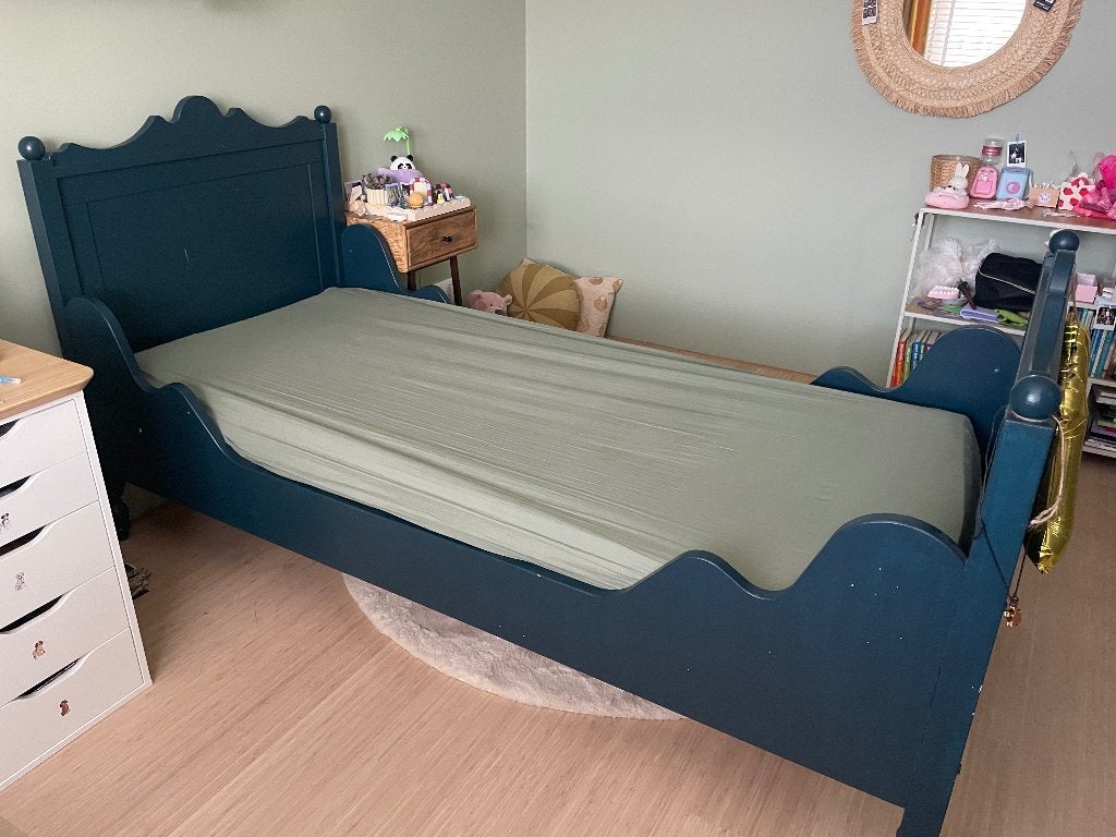 Bopita Belle Bed 90x200 – F&B Hague Blue + Topmatras, 85 tot 100 cm, Gebruikt, 180 cm of meer, Ophalen