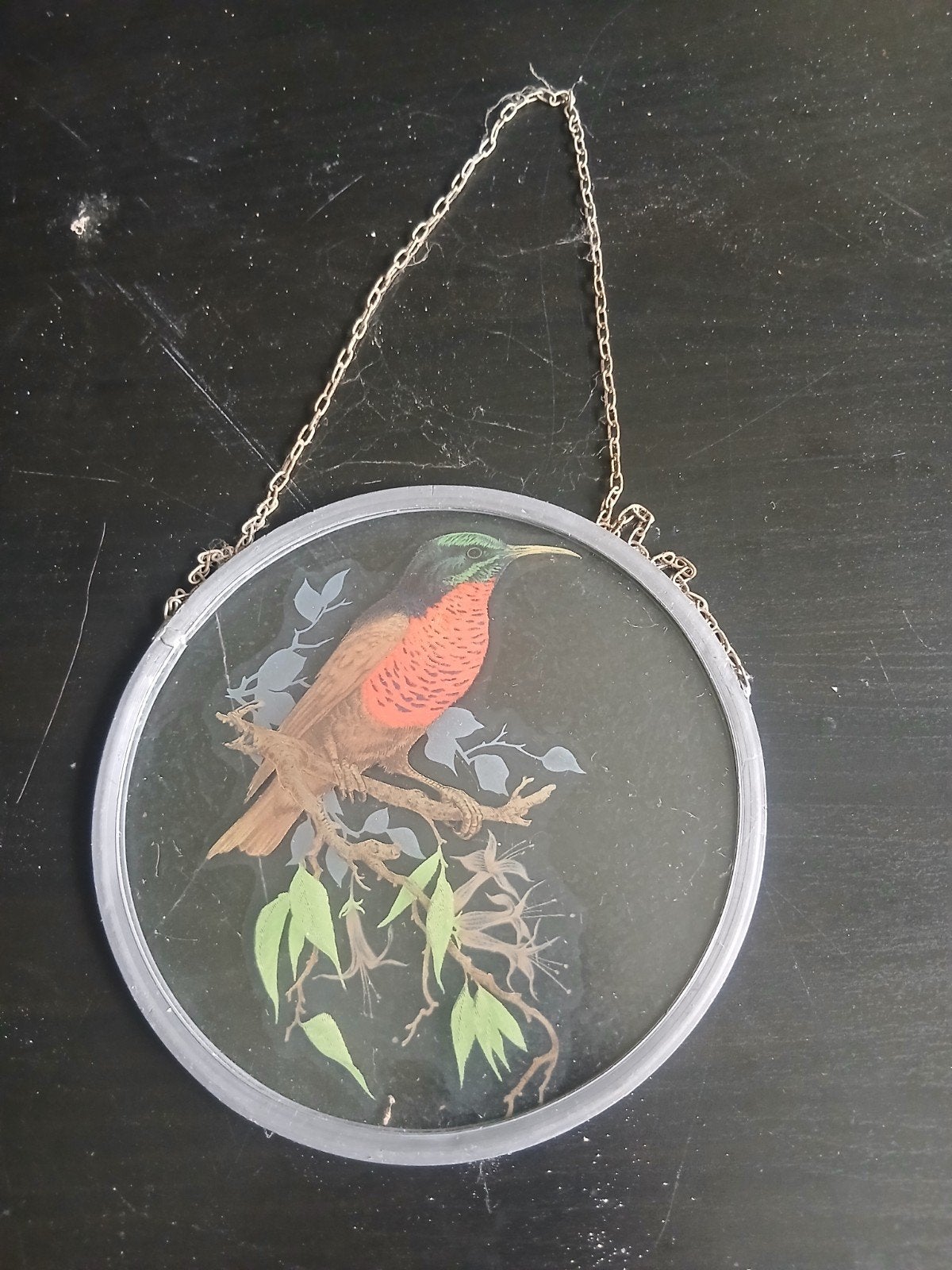Vintage glas-in-lood raamhanger met vogelmotief, Ophalen
