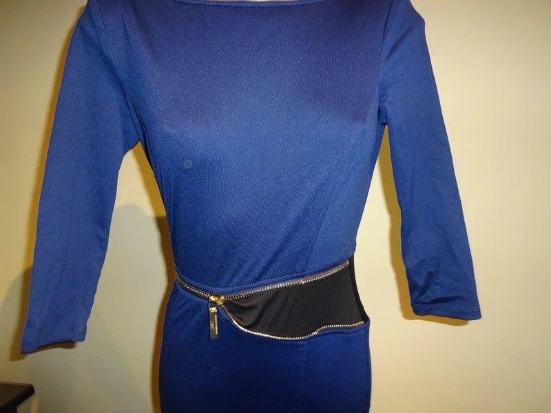 Elisabetta Franchi donker blauwe stretch jurk gouden rits, Zo goed als nieuw, Maat 36 (S), Boven de knie, Elisabetta Franchi