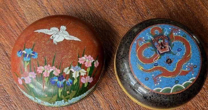 Set van 2 cloisonné dozen met draak en kraanvogel, Ophalen of Verzenden