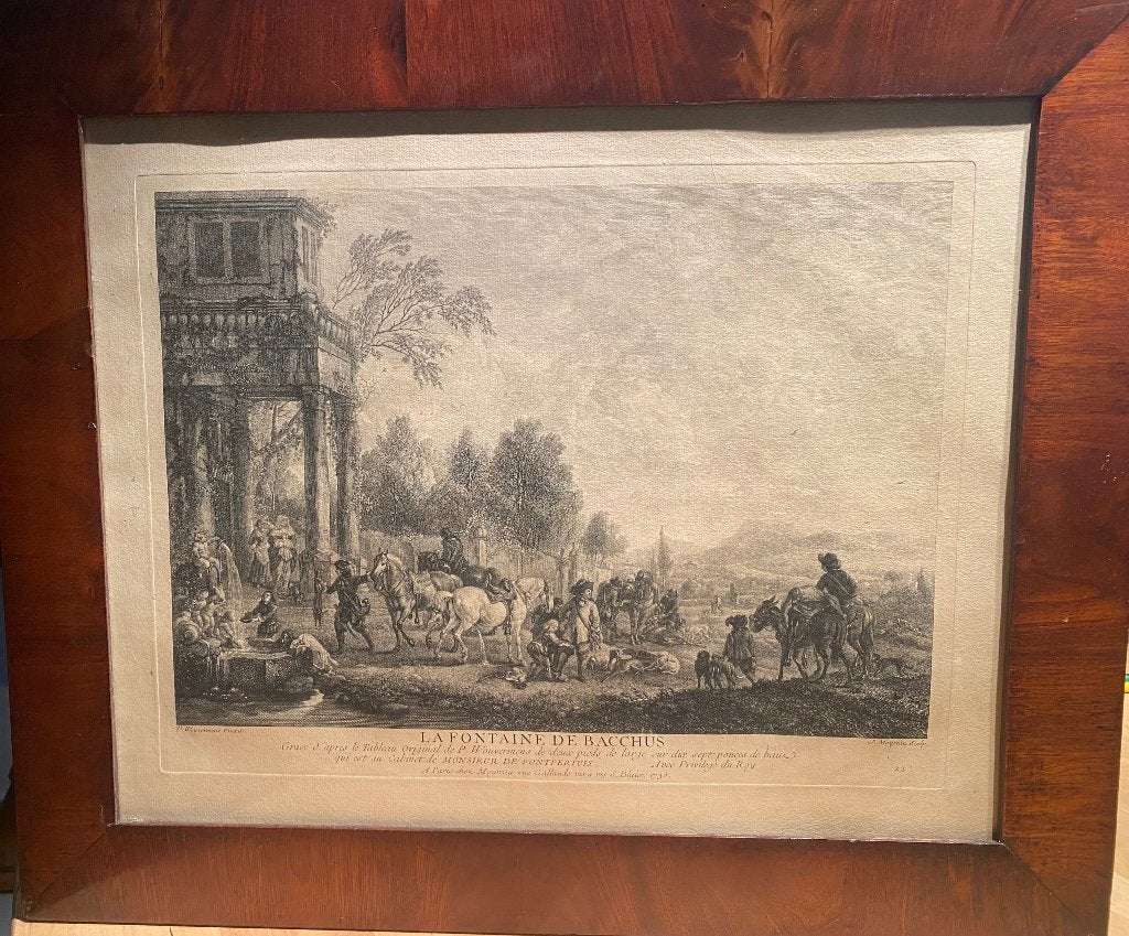 gravure Jean Moyreau La fontaine de bacchus Wouvermans, Antiek en Kunst, Ophalen, 65 cm, Gravure, 54 cm