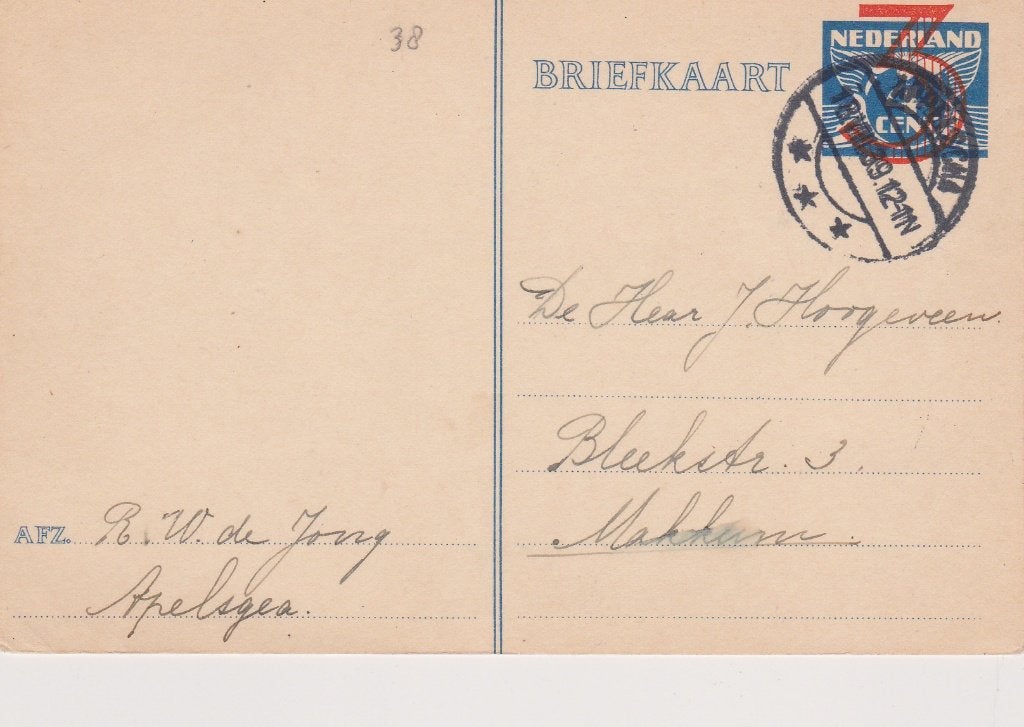 Postwaardestuk - Briefkaart. Geuzendam 258.(1939), Postzegels en Munten, Brieven en Enveloppen | Nederland, Ophalen of Verzenden