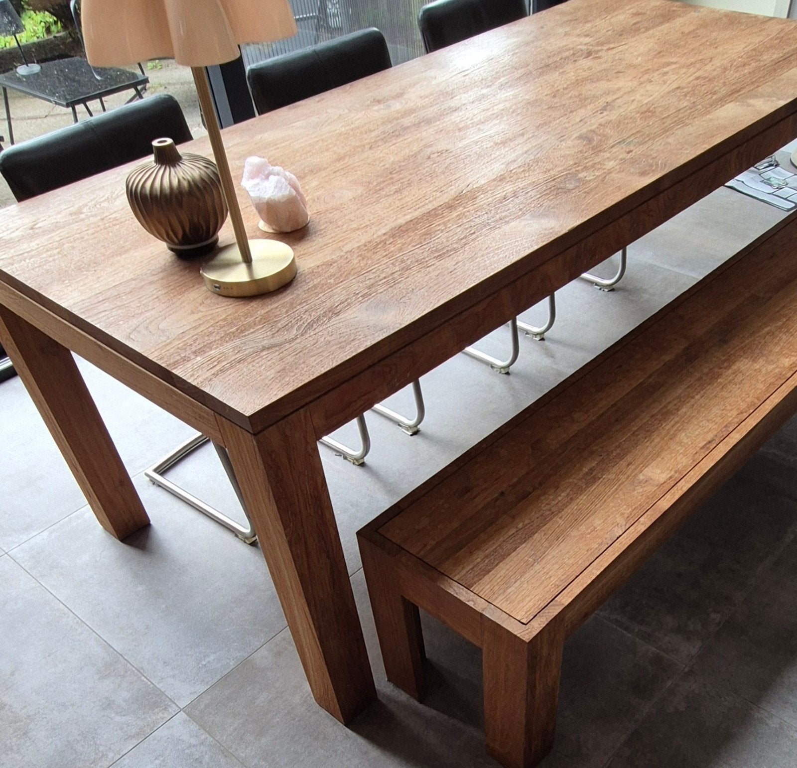 Teak houten eettafel met 3 leren stoelen en zitbank, Ophalen, Gebruikt, 200 cm of meer, 50 tot 100 cm