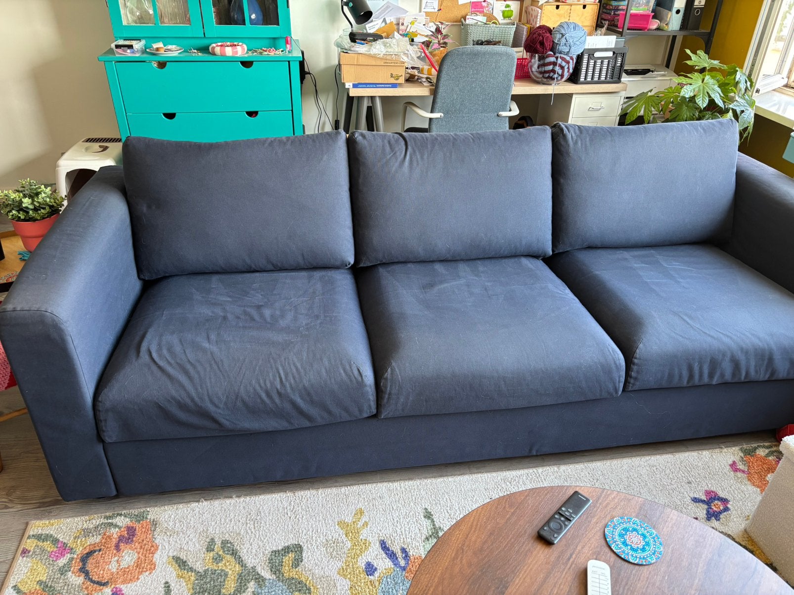 Vimle driezitsbank blauw, Ophalen, Gebruikt, Driepersoons, 75 tot 100 cm